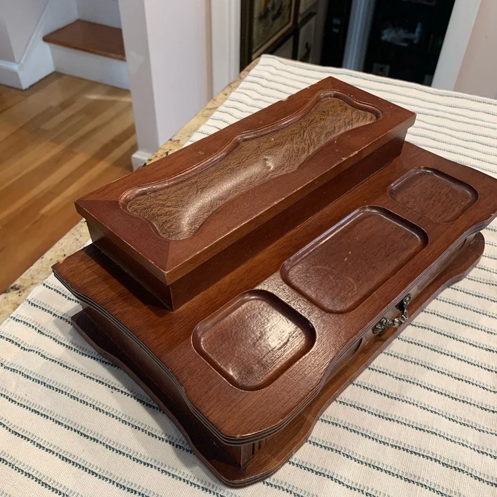 Vintage Solid Wood Leather Felt London 2-tiered Dresser Top Jewelry Box